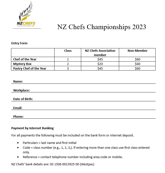 NZ Chefs championship entry form classes 1, 2, 3